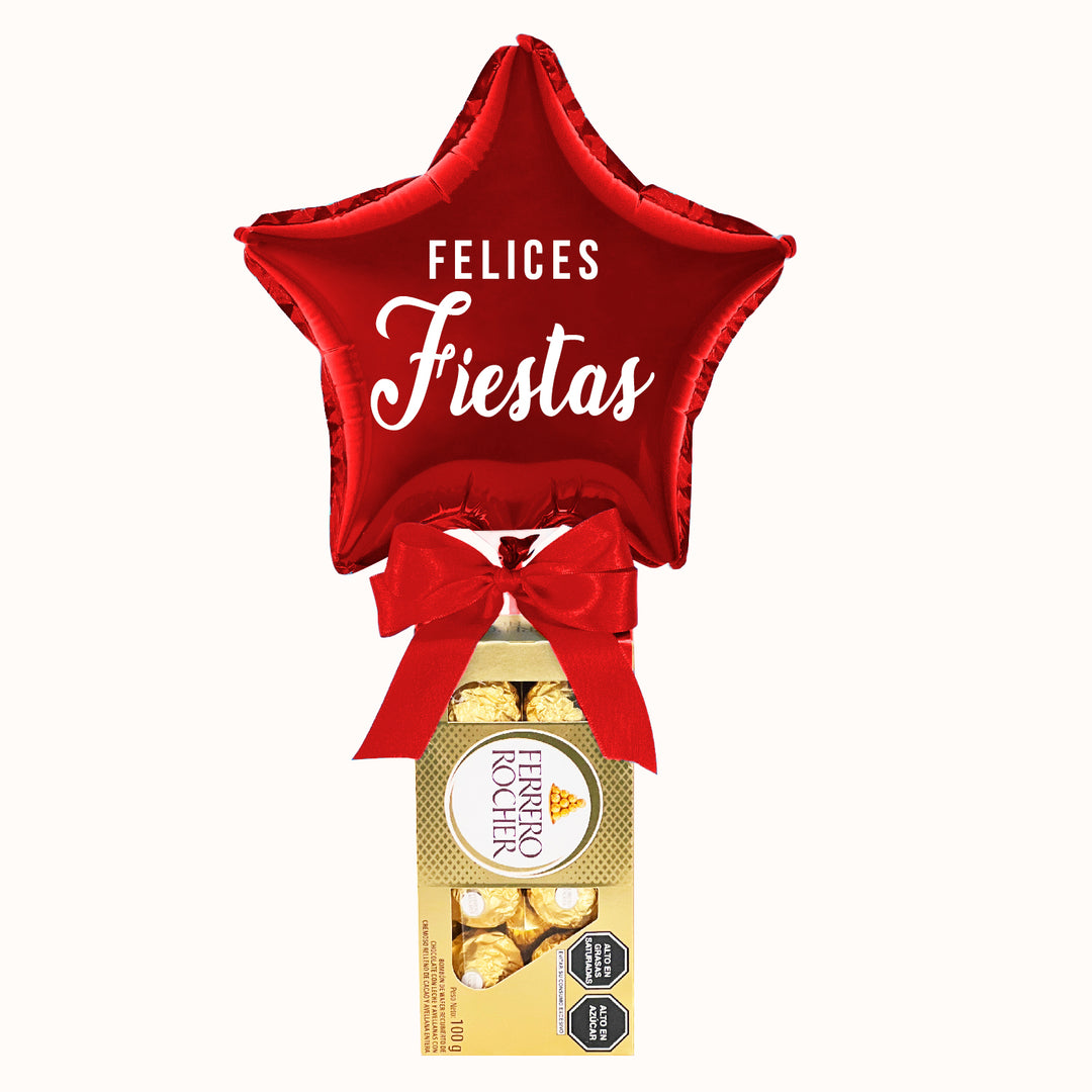 Caja de chocolates Ferrero Rocher de 8 unidades, decorada con globo metálico en forma de estrella roja y lazo con el mensaje “Felices Fiestas Patrias”. Un obsequio ideal para compartir con tus clientes y colaboradores.