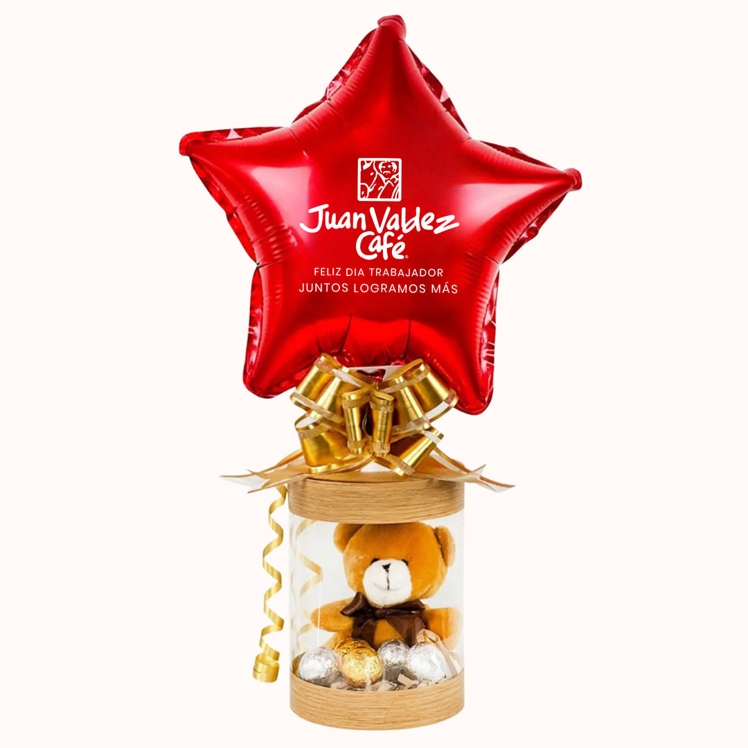 Detalle empresarial día del trabajo: caja de regalo transparente con osito y chocolates, con globo logo empresa. Para obsequio a  colaboradores.