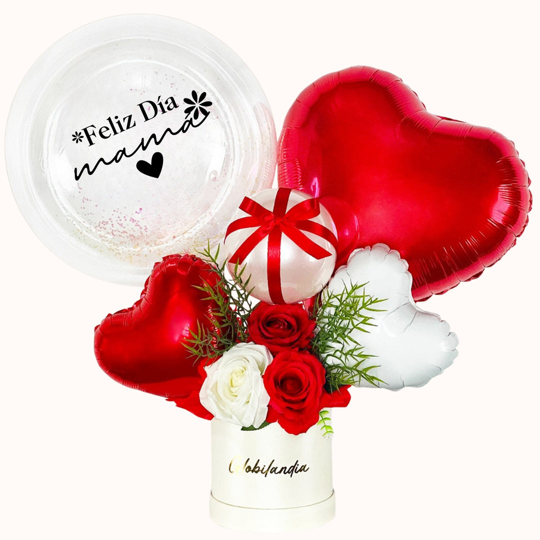 Arreglo para mamá con globo burbuja transparente personalizable, rosas artificiales decorativas, globitos pequeños y caja de regalo satinada. 