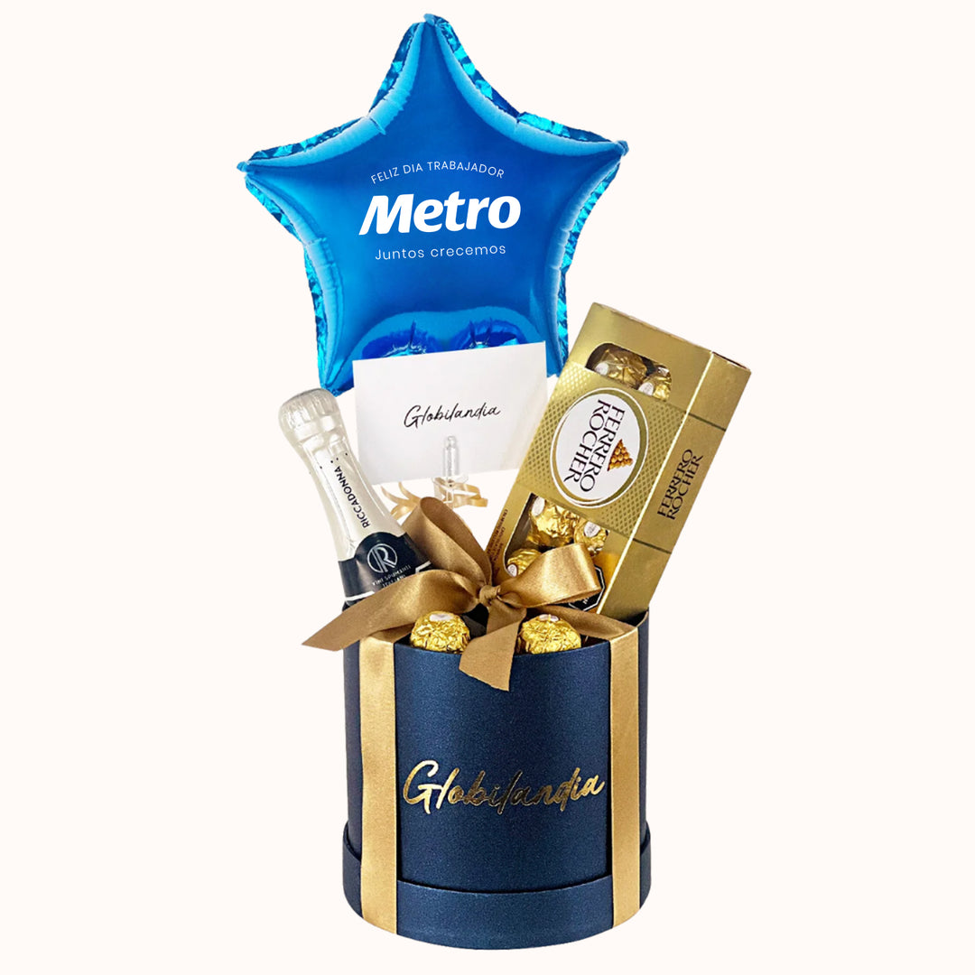 Gift Box corporativo con tu marca, que incluye Riccadonna Asti de 200 mL y una caja de chocolates Ferrero Rocher de 8 unidades. Regalo corporativo para campañas día del Trabajo.