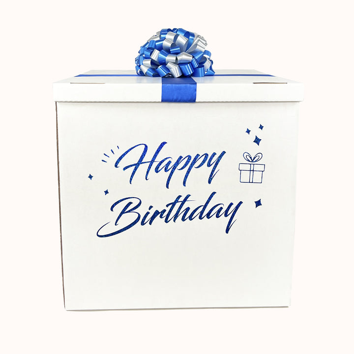 Caja sorpresa blanco con personalizado happy birthday en azul o el color de tu preferencia. llénala con la decoración que te desee globos, gift box.