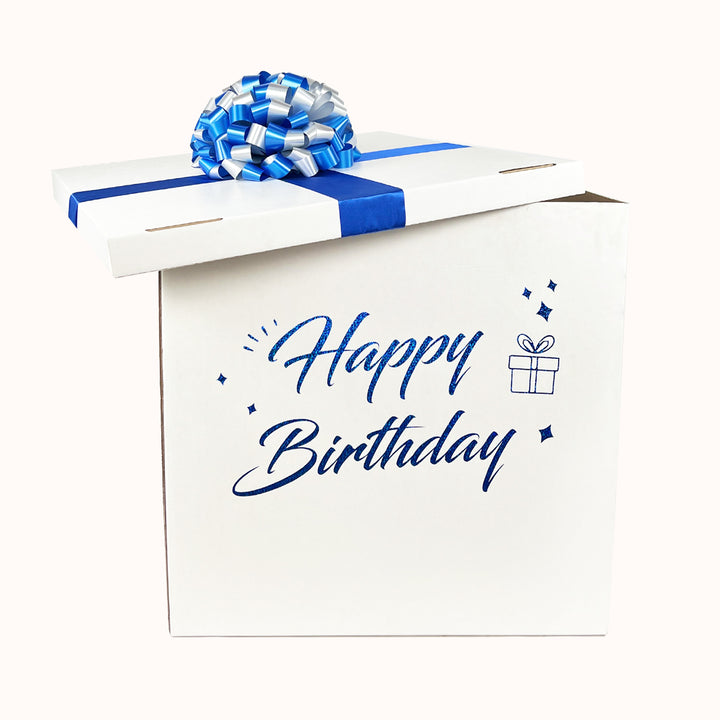 Caja sorpresa cuadrada blanca para llenar con globos y sorprender en cumpleaños, ideal para hombres y para todos los géneros. Personalizada con el mensaje “Happy Birthday” en color azul o en el color de tu preferencia.