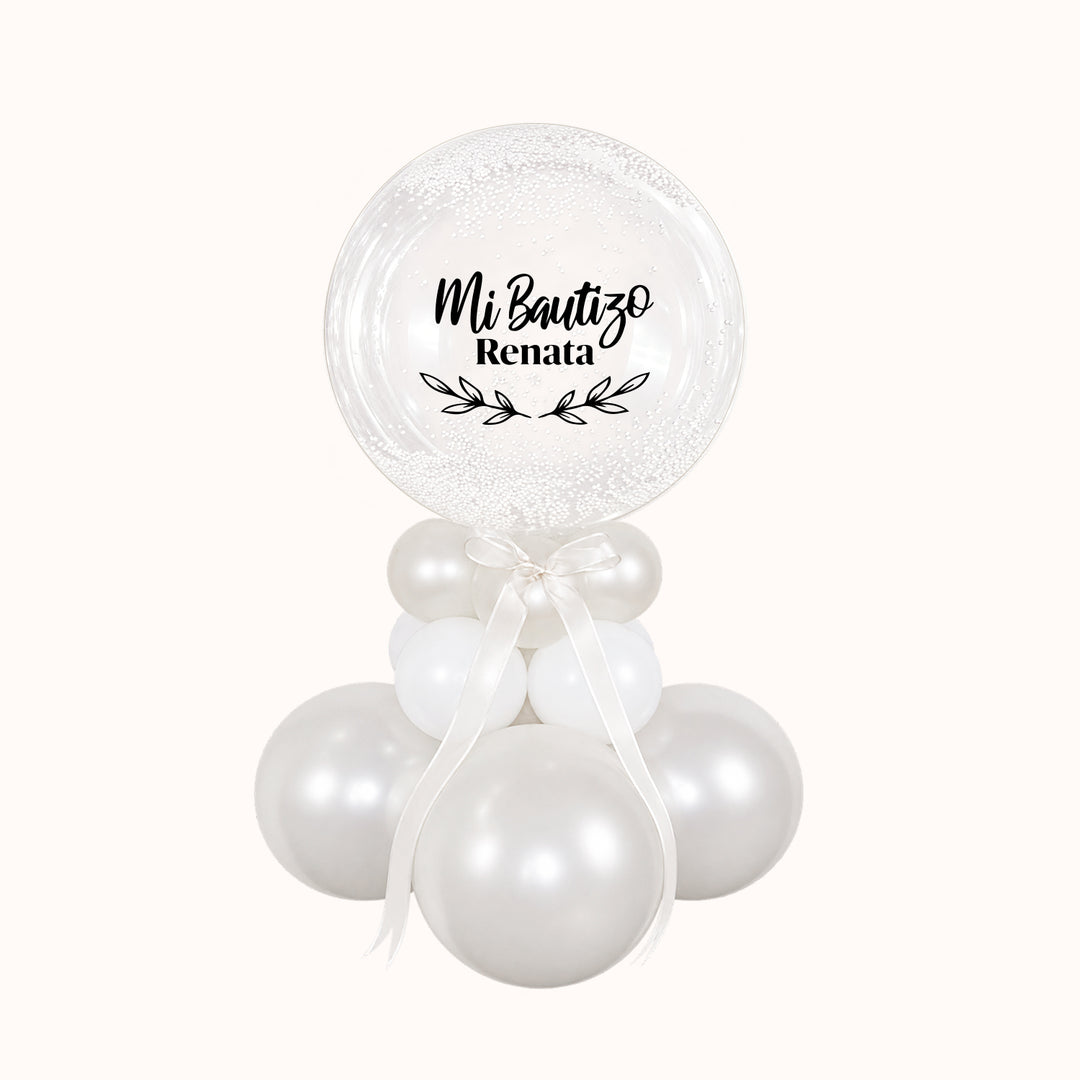 Centro de mesa delicado con burbuja transparente y tecnopor, decorado con lazo y base de globos, Ideal para bautizo, primera comunión o cualquier ocasión especial.

