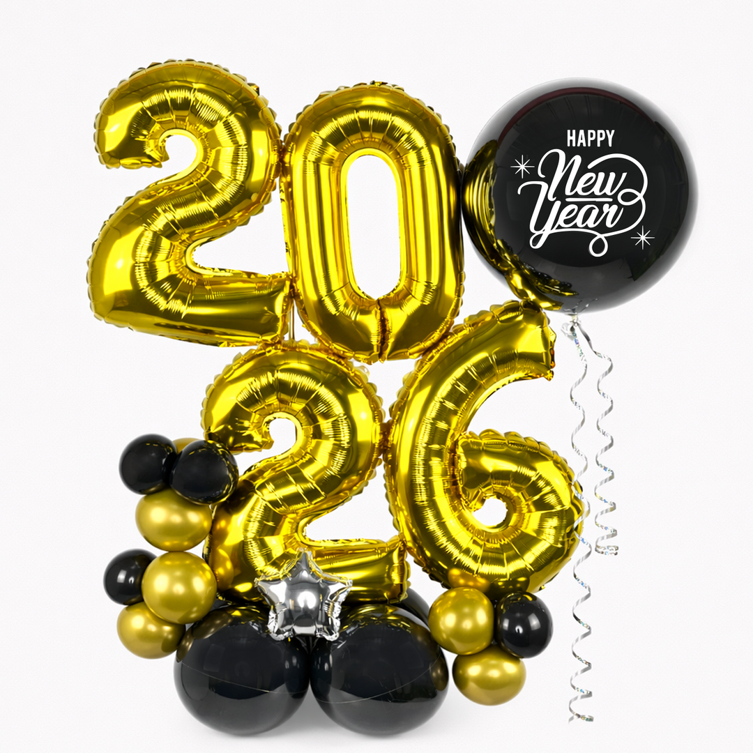 Hermoso parante decorativo de globos “2026”, ideal para colocar sobre una mesa o directamente en el piso. Perfecto para realzar y celebrar estas fiestas especiales con un toque elegante y festivo.