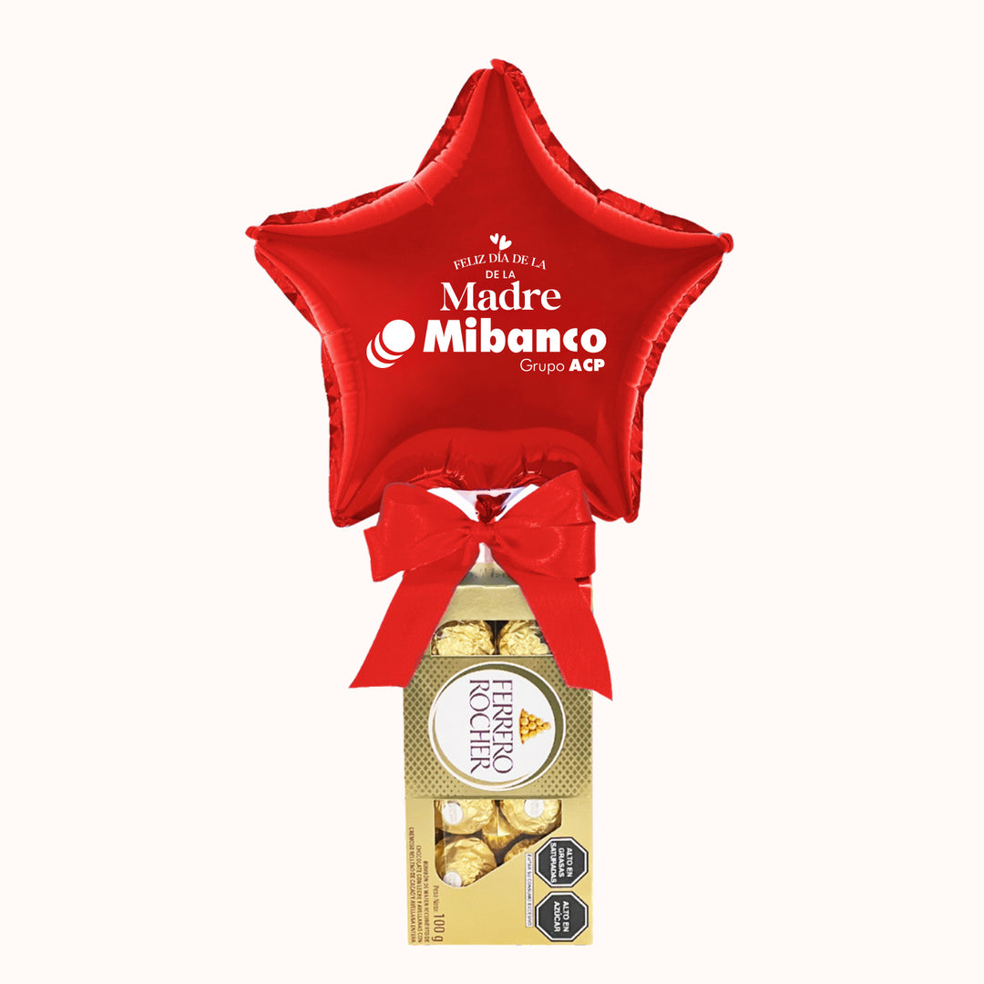 Caja de chocolates Ferrero Rocher de 8 unidades, decorada con globo metálico en forma de estrella roja y lazo con el mensaje “Campaña día de la madre”. Un obsequio ideal para compartir con tus clientas y colaboradoras.