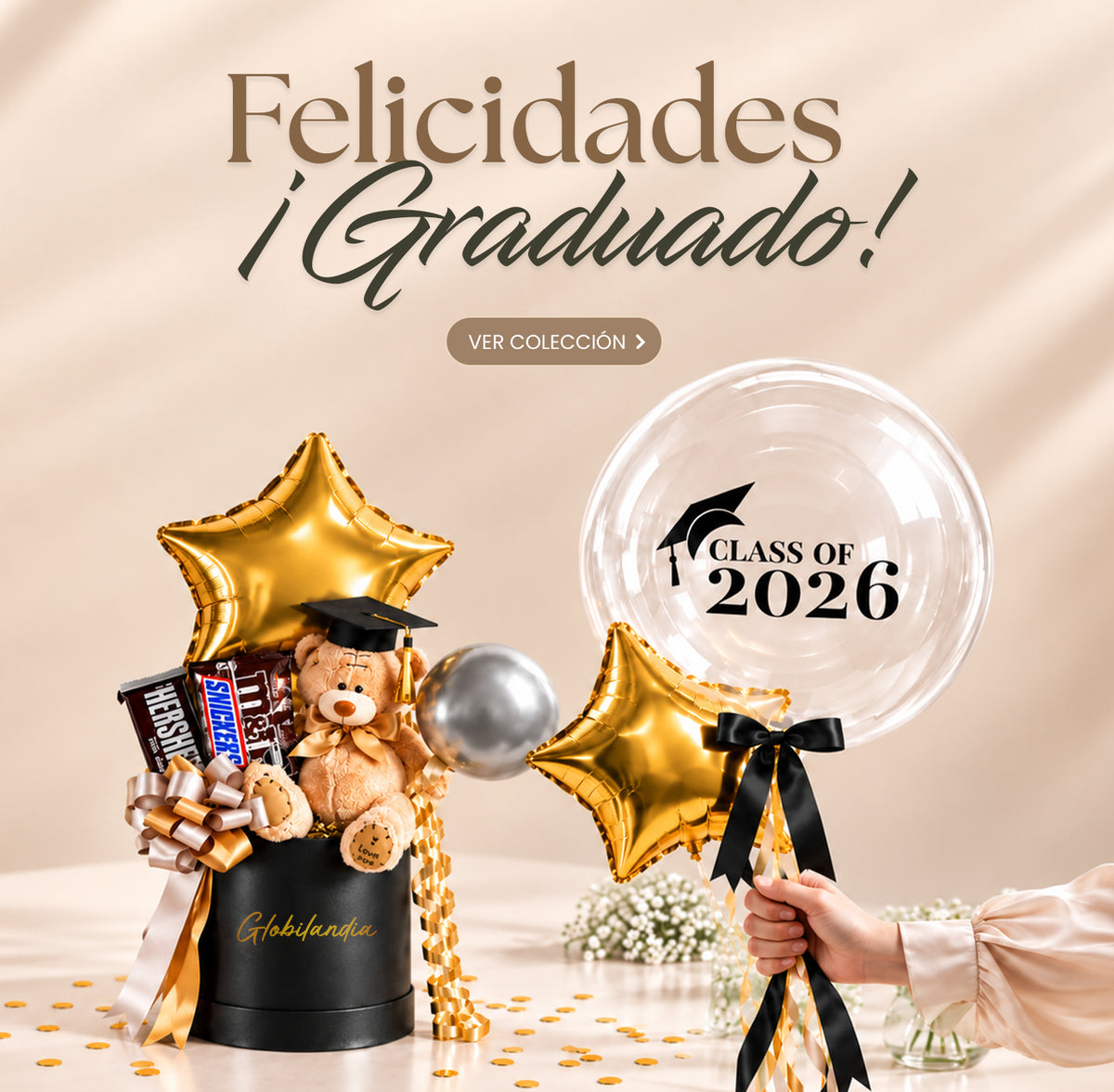 Arreglos de globos con helio, gift box, peluches, chocolates, tragos, parante, arcos y murales para celebrar grados.