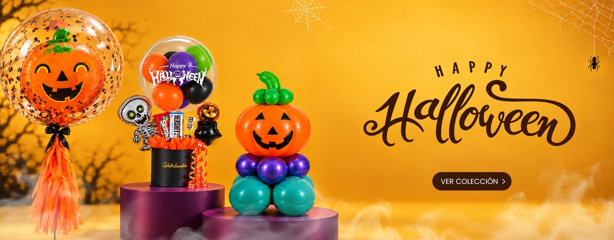 Decoración de globos para Halloween como, gif box, globos látex con confeti, metálicos, burbuja, globos decorativos, estrellas, calabaza, chocolates.