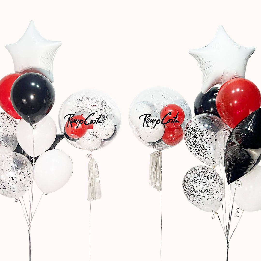Arreglo corporativo con helio que incluye 2 globos burbuja personalizados con el logo de tu empresa , 8 globos de látex de color sólido, 4 globos metálicos en forma de estrella, 4 globos de látex transparentes con confetti y 4 pesas. Ideal para la decoración de eventos empresariales fechas conmemorativas, así como para ferias, activaciones, inauguraciones y acciones de branding visual.