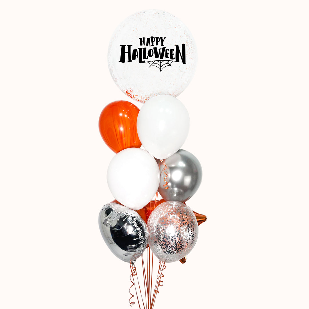 Bouquet de 9 globos para Halloween con 1 burbuja confetti personalizada, 2 globos estrella y corazón, 5 globos de látex de color sólido, 1 globo de látex confetti transparente infladas con helio 100% puro. 