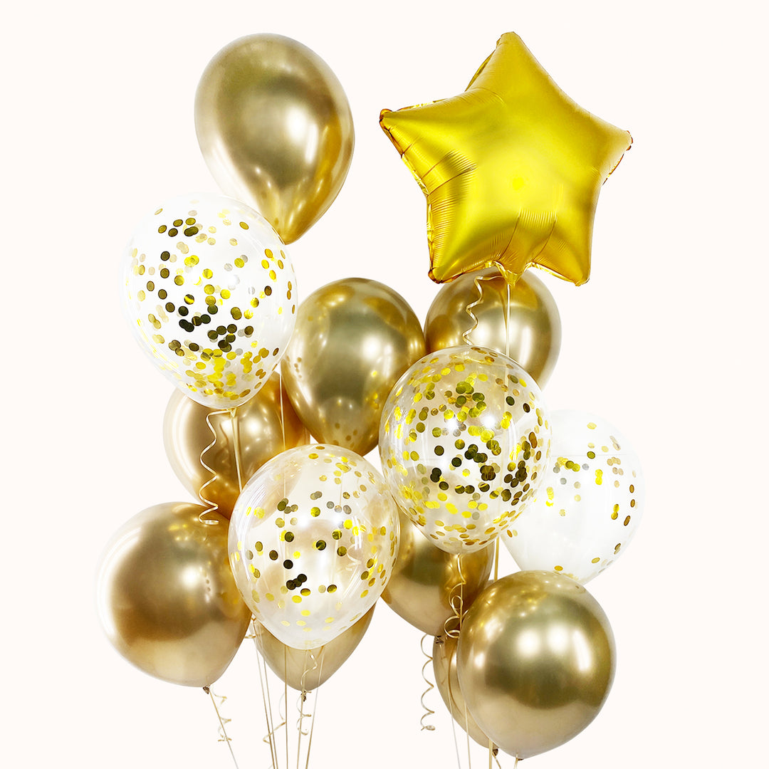 Ramo de 14 globos con helio puro: 9 globos de látex, 1 globo estrella y 4 globos de látex transparentes con confetti. Ideal para celebrar cumpleaños o cualquier evento.