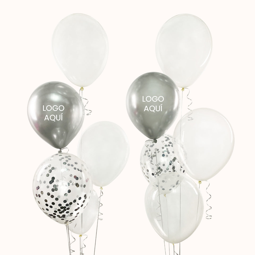 Doble ramo de 5 globos látex cada uno, con logo, Diseñamos bouquets personalizados para cada evento. Utilizamos helio 100% seguro.