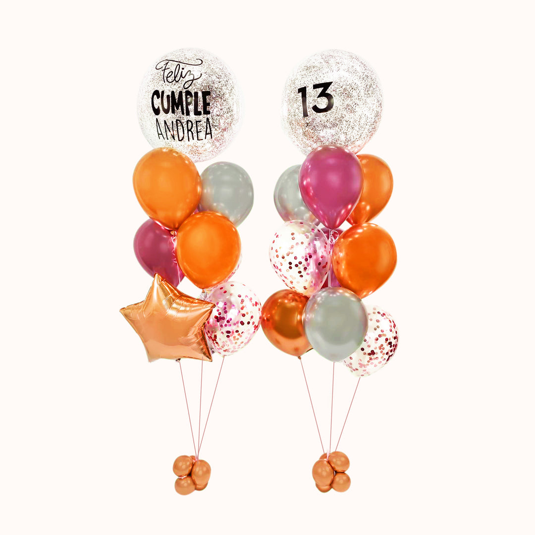 Dúo bouquet de globos con helio que incluye 2 globos burbuja personalizados, 2 globos estrella, 4 globos de látex transparentes con confetti y 11 globos de látex en color sólido. Ideal cumpleaños y celebraciones especiales.
