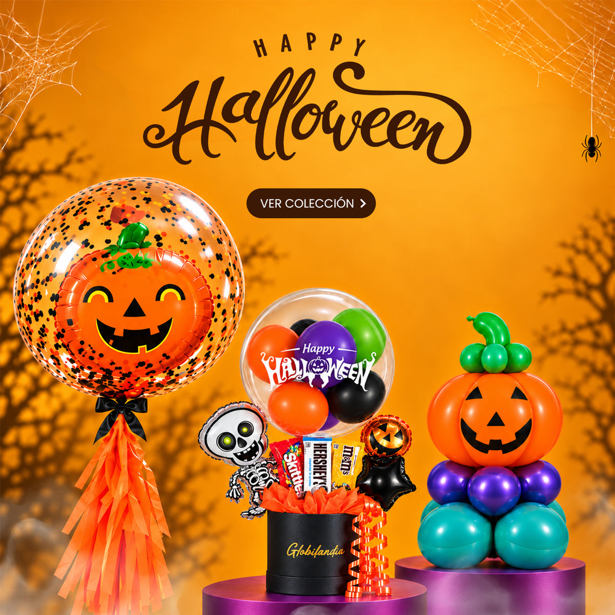 Decoración de globos para Halloween como, gif box, globos látex con confeti, metálicos, burbuja, globos decorativos, estrellas, calabaza, chocolates. 