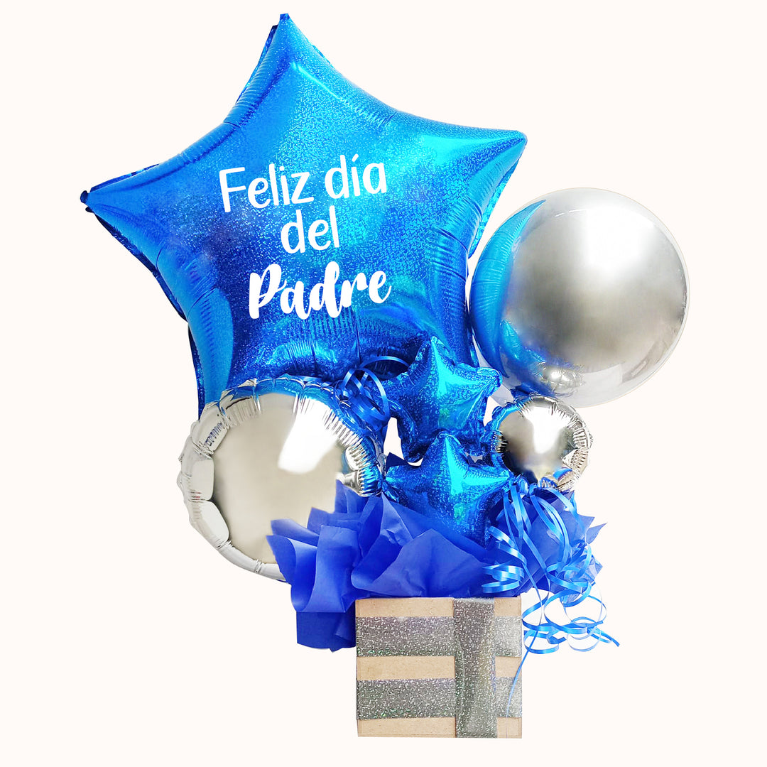Caja de regalo corporativo con globos que incluye 1 globo estrella azul personalizado, 1 globo burbuja y delicados globitos decorativos color azul y color plata. Un gift box ideal para sorprender y homenajear  a los padres en tu empresa.