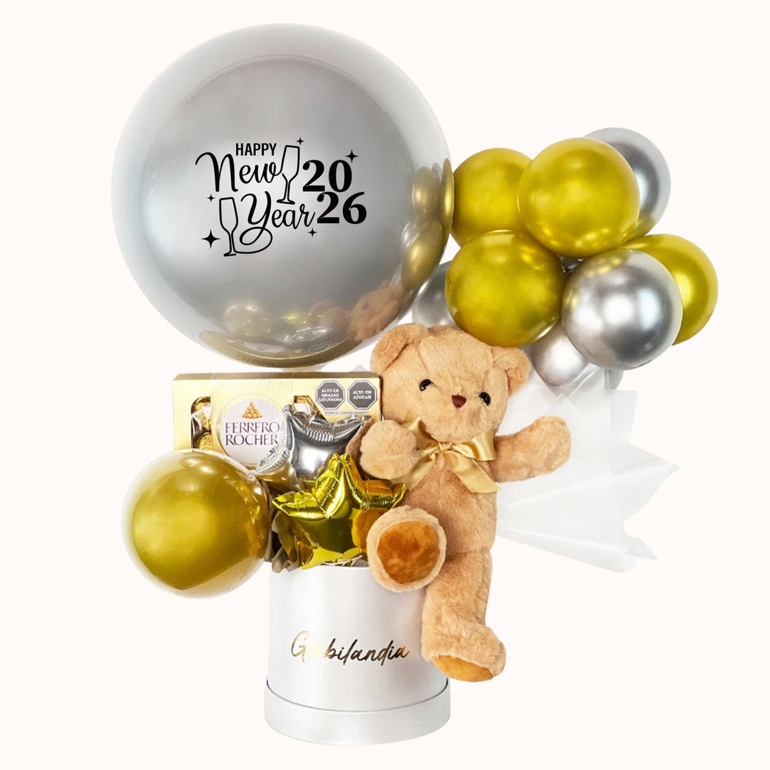 Caja de regalo con oso y globos burbuja personalizada Happy New Year, metálicos y látex, con chocolate ferrero de 8 unidades. Para celebrar año nuevo