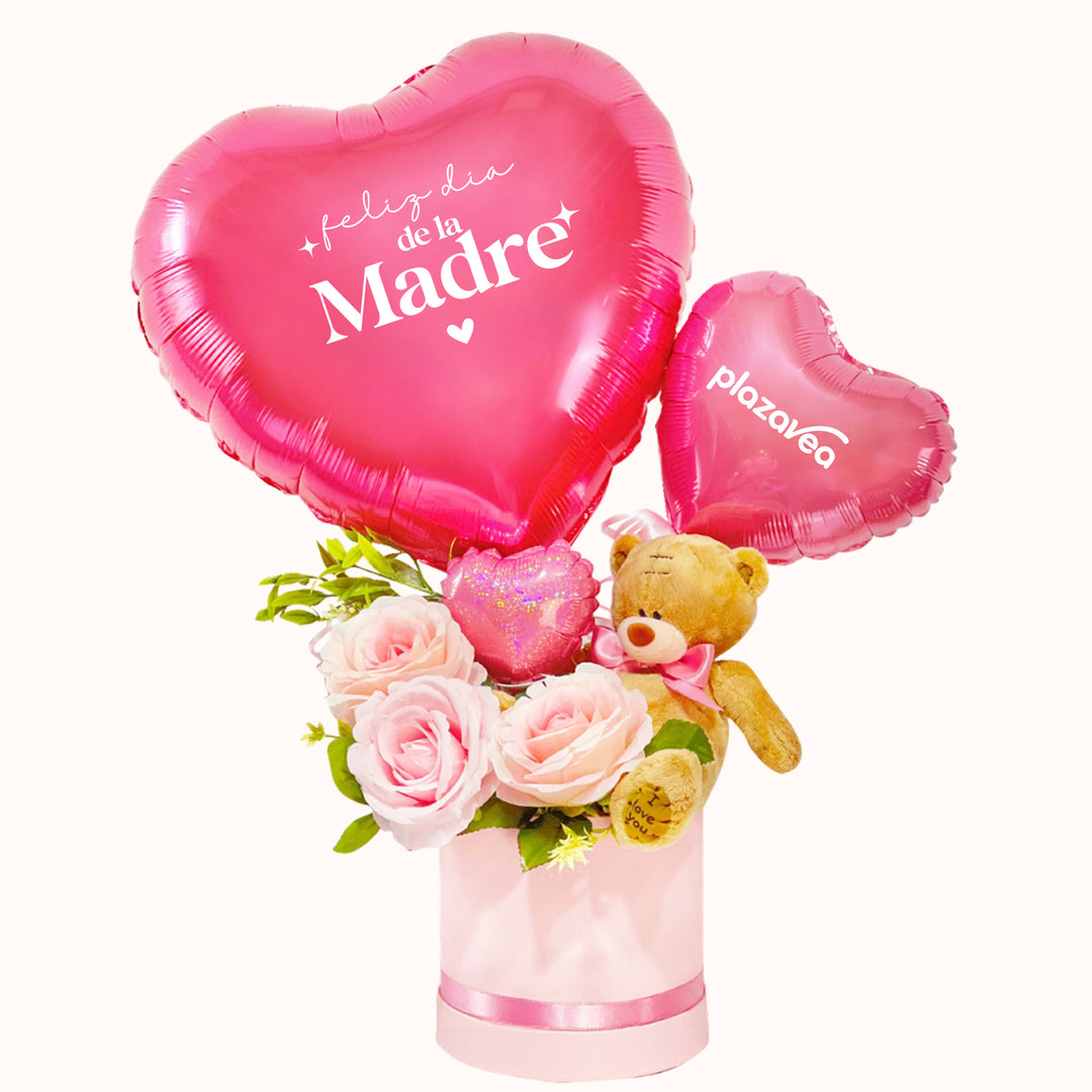 Arreglo corporativo para el Día de la Madre que incluye rosas decorativas artificiales, 1 peluche de osito mediano, 1 globo de corazón Personalizable con mensaje de la madre y logo y base satinada, ideal como decoración, detalle empresarial para clientas y colaboradoras.