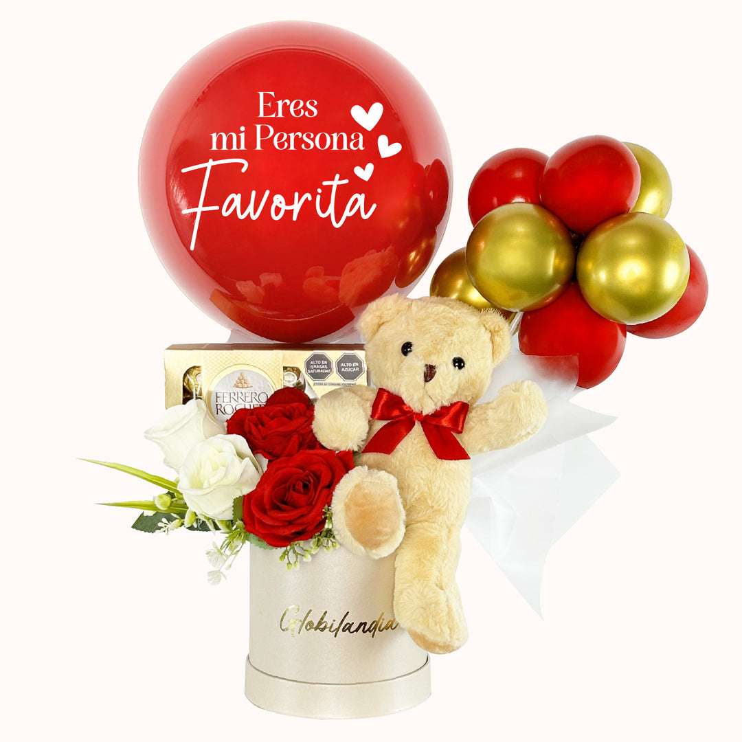 Sorprende con un Gift box,regalo inolvidable que incluye globos, un tierno peluche y deliciosos chocolates Ferrero Rocher de 8 unidades, 4 rosas. Ideal para regalar al novio o enamorada, como un detalle único en San Valentín.