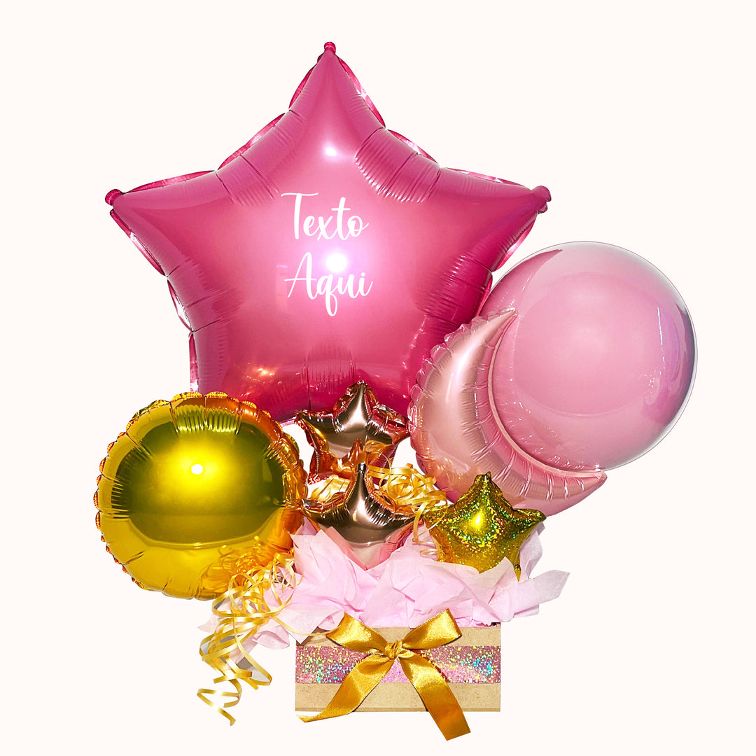 Gift box rosado y dorado en caja de trupan que incluye: 1 globo metálico estrella personalizado y globitos decorativos pequeños. para cumpleaños o cualquier ocasión especial.