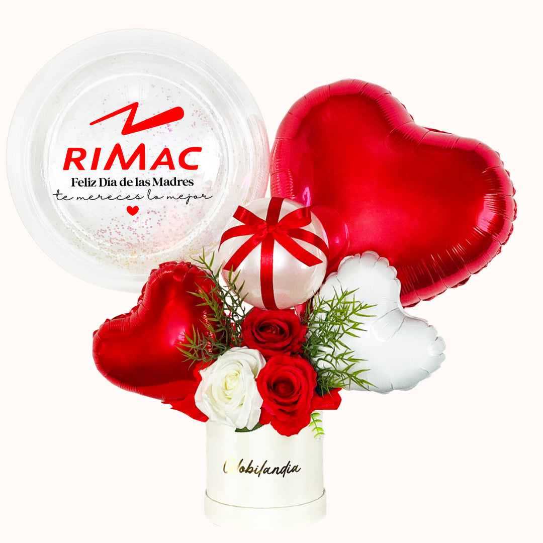 Gift box corporativo para el Día de la Madre que incluye globo burbuja personalizado, rosas decorativas y globos con mensaje para mamá, ideal como regalo empresarial para clientes y colaboradoras, presentado con estilo para campañas corporativas