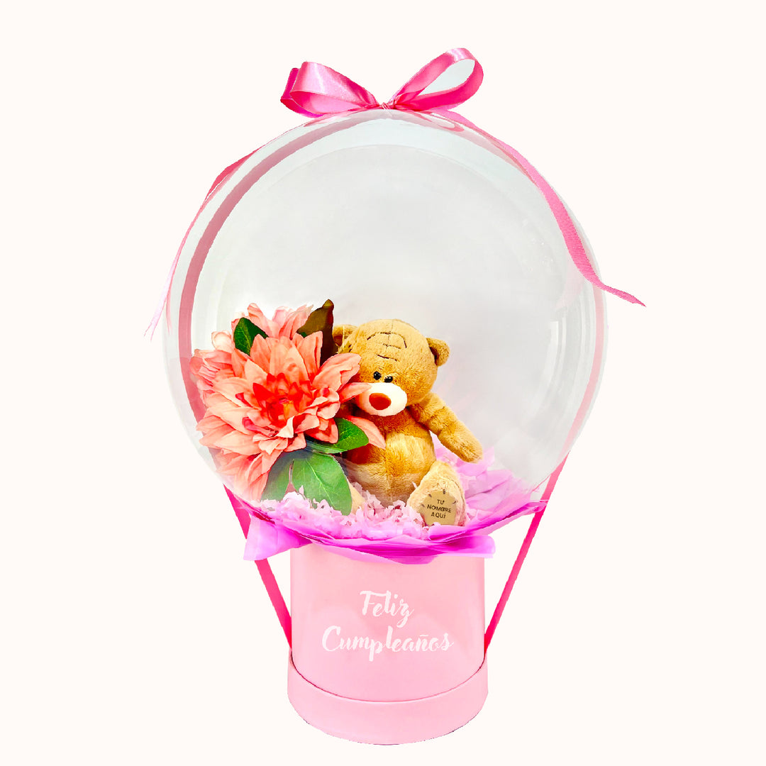 Gift Box: caja de regalo con globo burbuja, osito y flores en su interior. Ideal para cumpleaños
