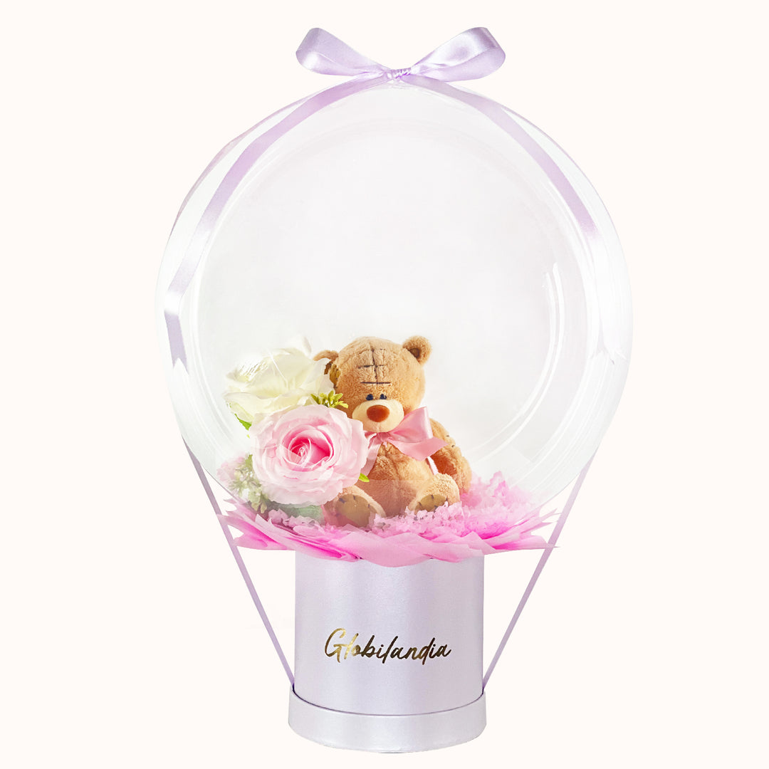 Caja de regalo deluxe satinada con globo burbuja y osito de peluche con flores en su interior, con opción de personalizar con nombre. Ideal para cumpleaños, Día de la Madre y ocasiones especiales como regalos para mujer o niña.
