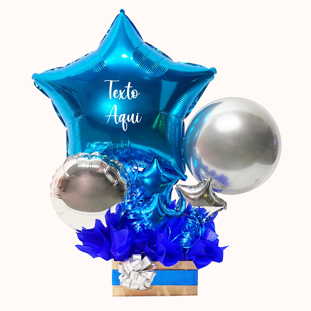 Gift box azul y plata en caja de trupan que incluye 1 globo metálico estrella personalizado y globitos decorativos pequeños. para cumpleaños o cualquier ocasión especial.