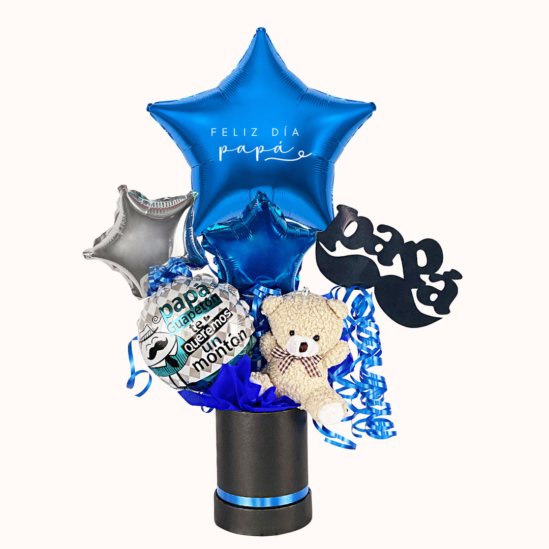 Mini gift box para papá que incluye 1 caja redonda mini, 1 osito de peluche llavero, globitos decorativos pequeños y tarjeta personalizada; un detalle especial para sorprender a papá en su día.