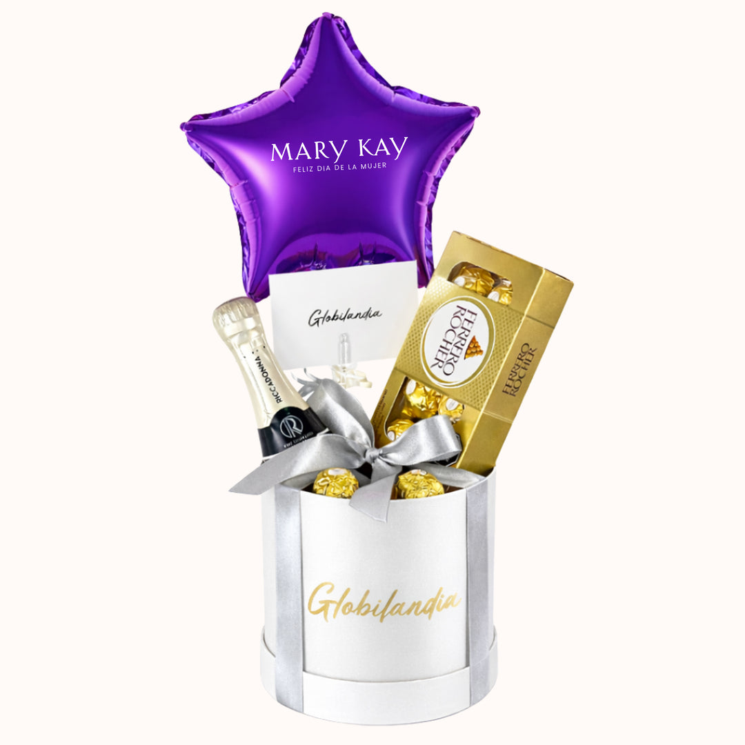 Gift box corporativo para la campaña del Día de la Mujer que incluye 1 caja de chocolates Ferrero Rocher (8 unidades), 1 botella de Riccadonna Asti de 200 ml, 1 globo mediano personalizado con logo y caja de regalo satinada, ideal para obsequios empresariales y acciones de marca