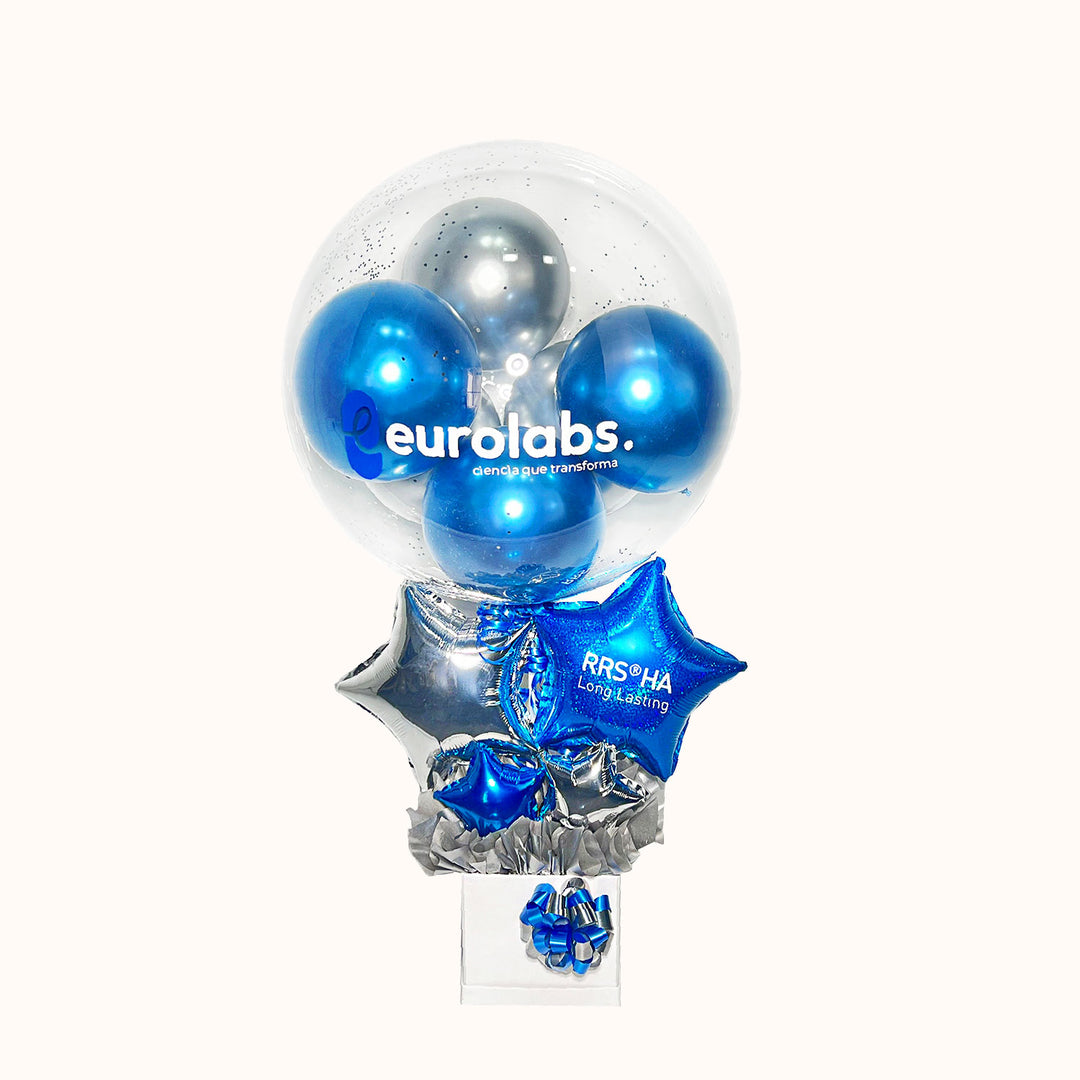 Campaña Corporativa Día del Padre. Detalle especial que incluye globo burbuja transparente personalizado con logo, globos decorativos y caja de regalo; ideal para celebraciones corporativas en esta fecha especial.