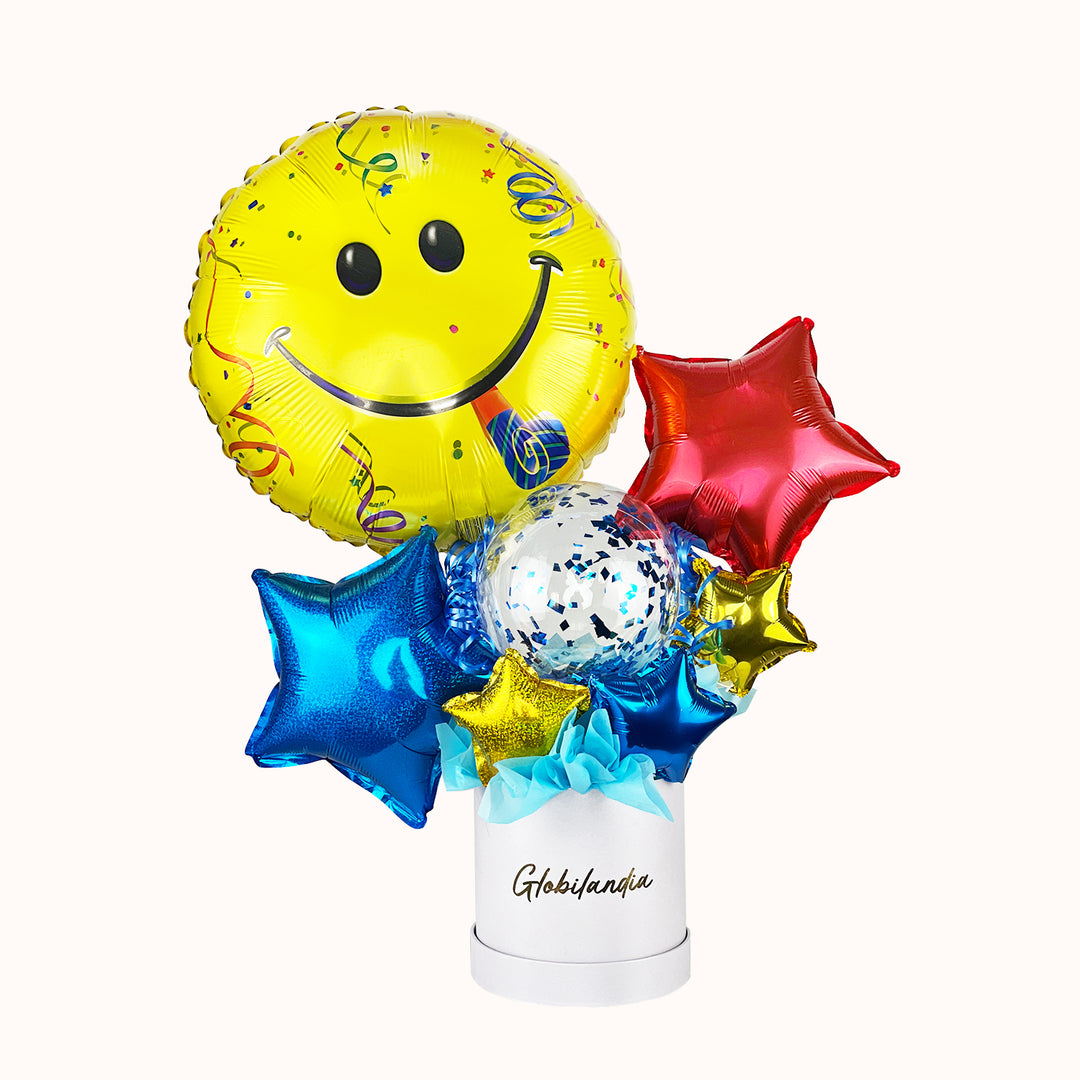 Regalo de globos con emoji carita feliz, estrrellas y burbuja pequella con confetti. Especialmente para niños.