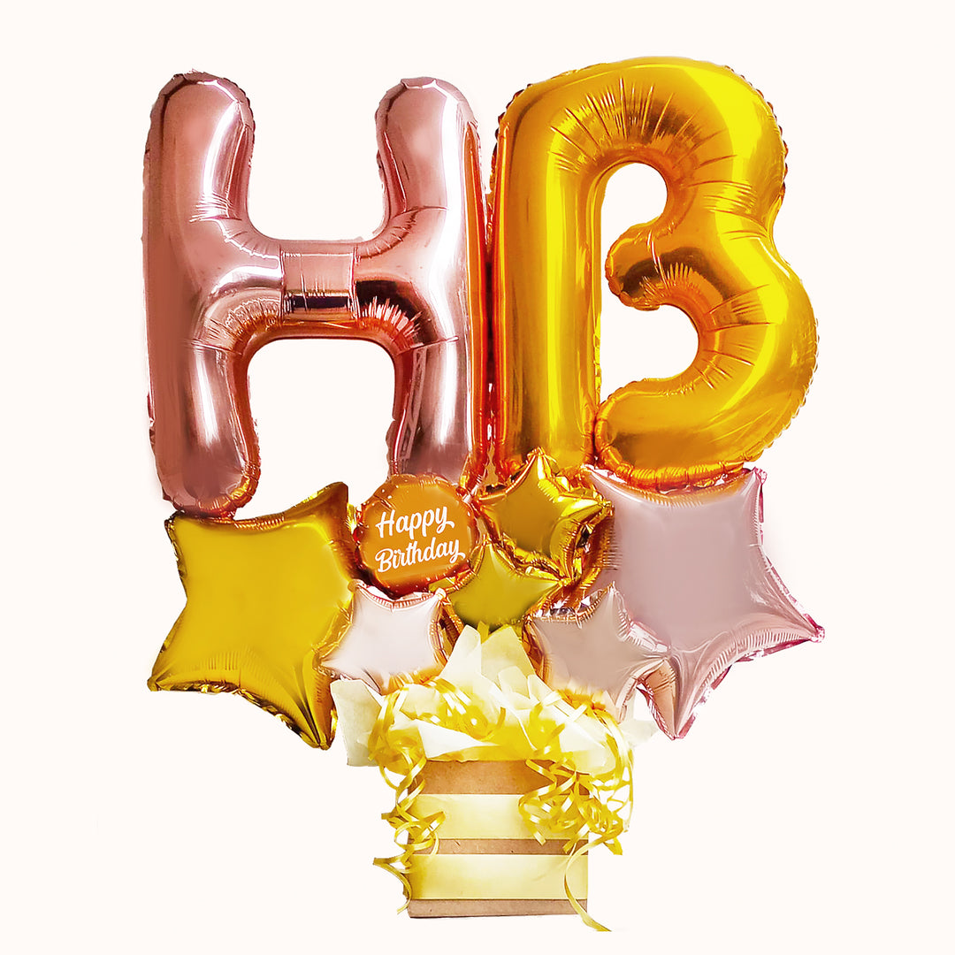 Gift box: caja de regalo con globos HB para desear Happy Birthday, en tonos dorado y rose gold. Color a elección.