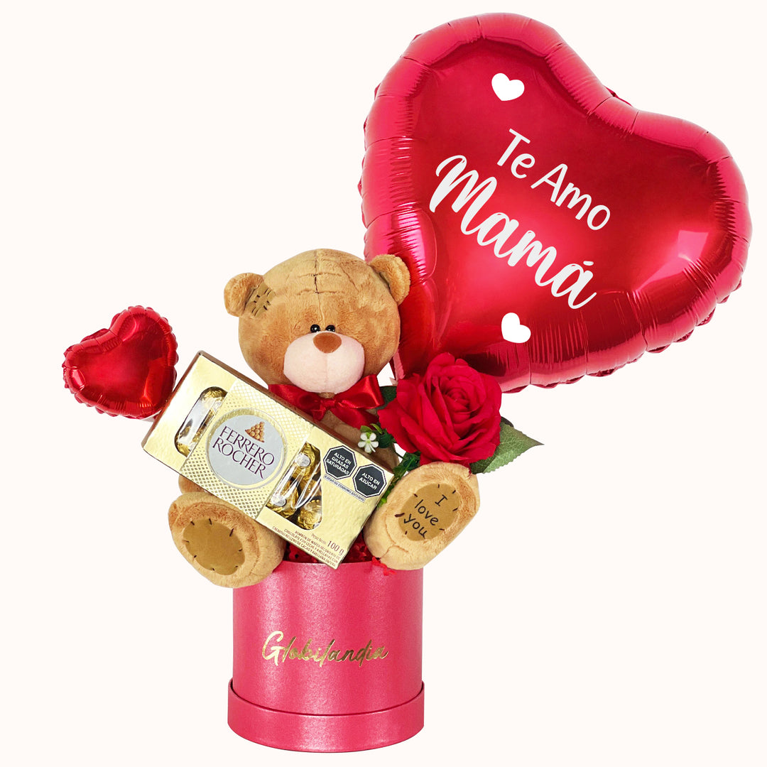 Gift box para el Día de la Madre con globo metálico personalizable, peluche de oso mediano, chocolates Ferrero Rocher (8 unid.), rosa artificial decorativa, globitos pequeños y caja de regalo satinada. Ideal para sorprender a mamá en su día.