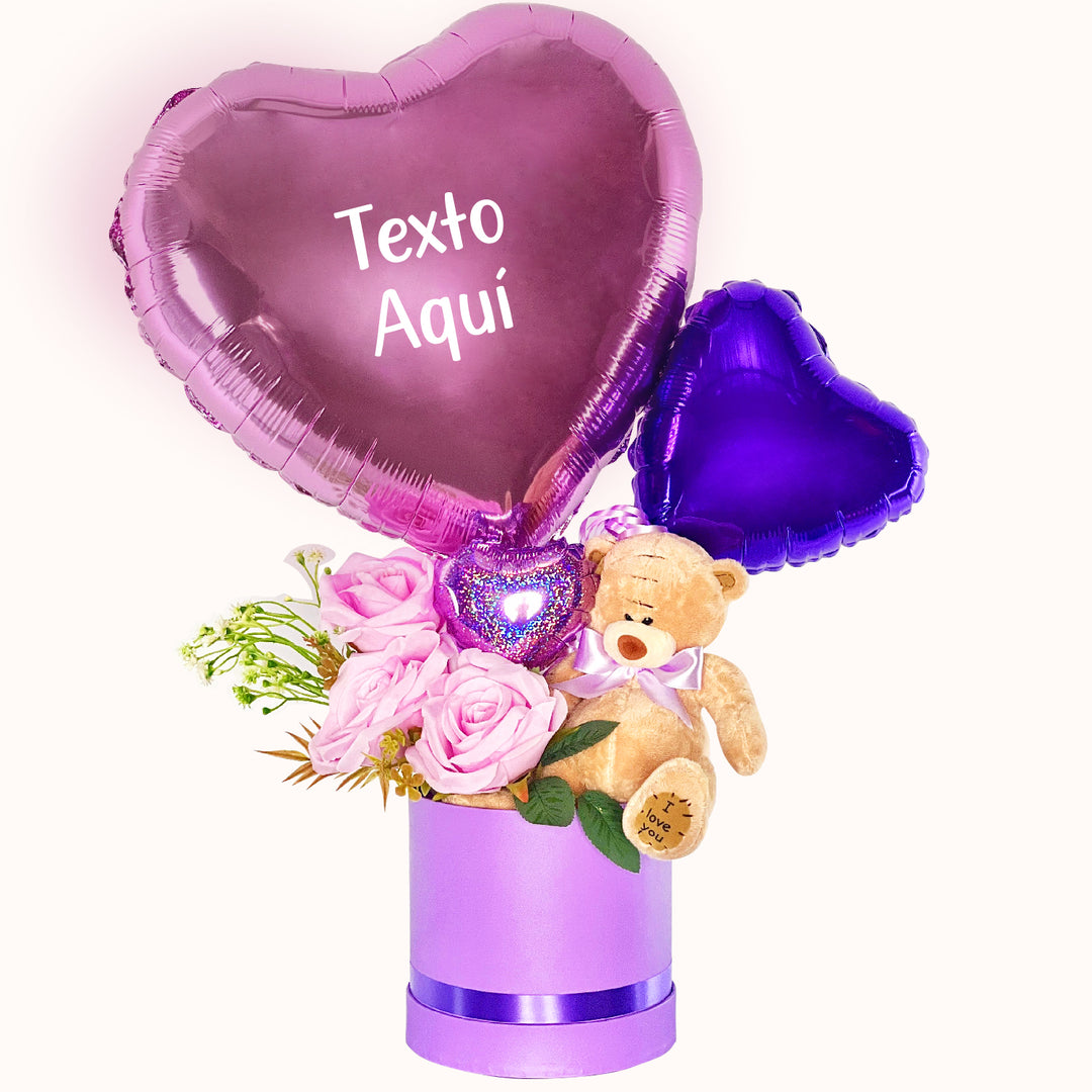 Caja de regalos con oso de peluche, 3 rosas y globo corazón personalizable. Ideal para regalar en el Día de la Mujer o en cualquier ocasión especial