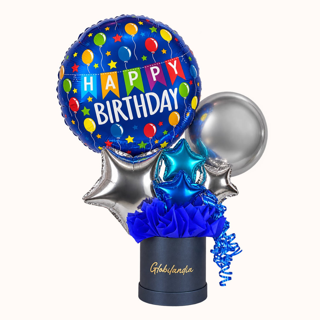 Gift box de regalo que incluye 1 globo metálico Happy Birthday, 1 globo burbuja sólido pequeño y globos estrella decorativos, presentado en una caja de regalo. Un detalle ideal para sorprender en cumpleaños.
