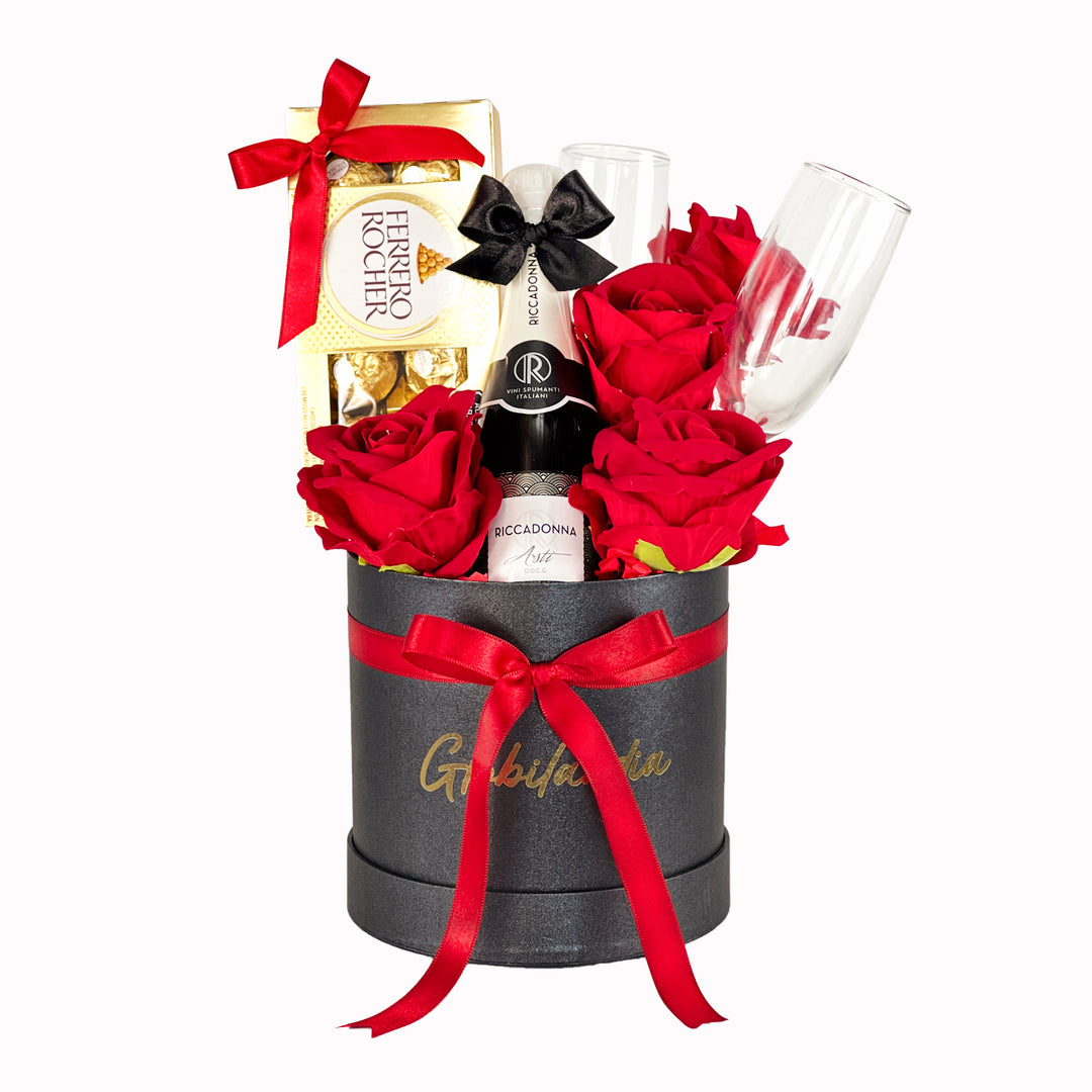 Gif box con rosas rojas decorativas, Ricadonna Asti de 200 ml, caja de chocolates Ferrero Rocher, copa de vidrio, Caja de Regalos satinada color negro para San Valentín, día del amor y la amistad.