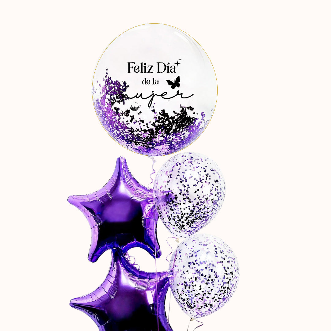 Bouquet de 5 globos con helio para el Día de la Mujer: 1 globo burbuja personalizado, 2 globos metálicos en forma de estrella y 2 globos de látex con confetti, ideal para celebraciones.