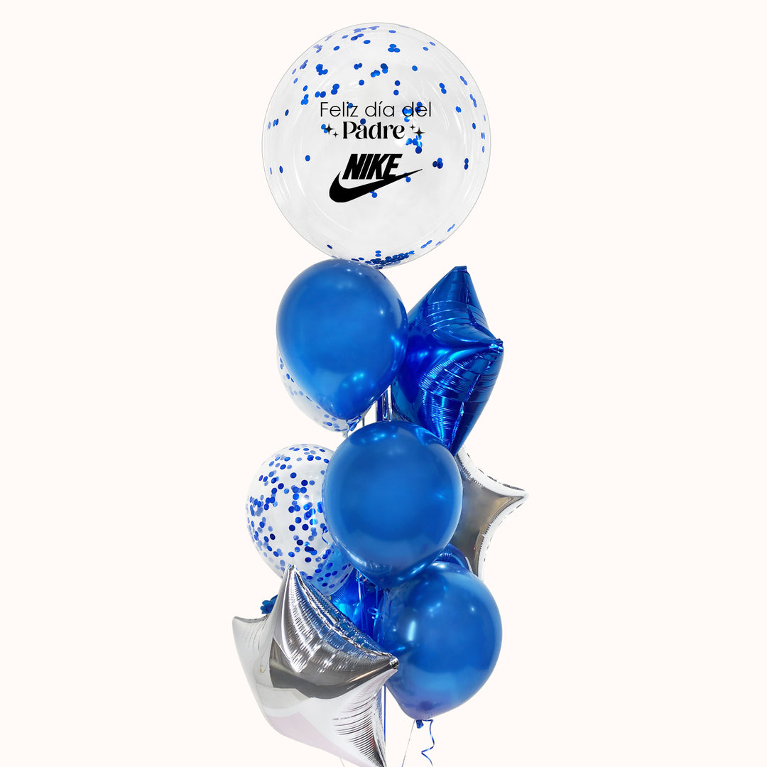 CCampaña Corporativa por el Día del Padre con globos personalizados para empresas. Sorprende a tus colaboradores con un arreglo corporativo que incluye globo burbuja con escarcha y logo, globos metálicos, globos de látex con confetti y pesa decorativa. Ideal para oficinas, activaciones de marca y celebraciones empresariales. 