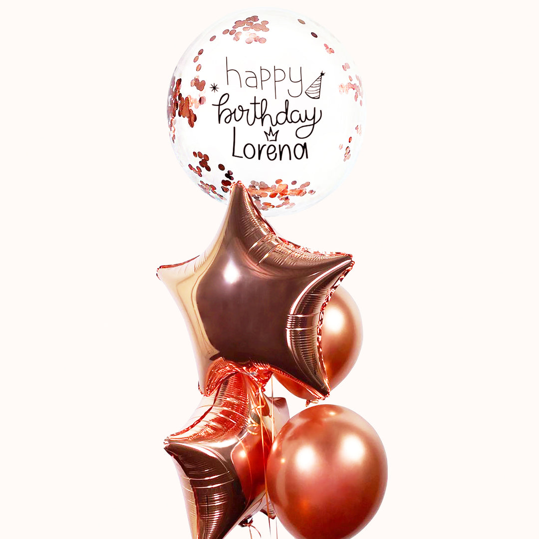 Bouquet de 5 globos: 1 globo burbuja, 2 globos estrella metálicos y 2 globos de látex. Perfecto para cumpleaños o cualquier ocasión especial, en tonos rose gold o en el color de tu elección