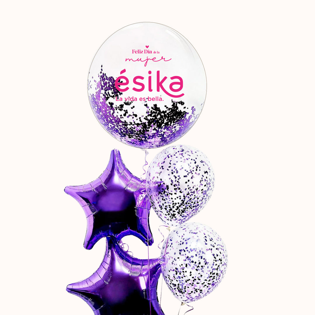 Bouquet de globos con personalizado con helio para la campaña del Día de la Mujer que incluye 1 globo burbuja con logo, 2 globos metálicos en forma de estrella y globos de látex con confetti, ideal para activaciones de marca y obsequios corporativos.