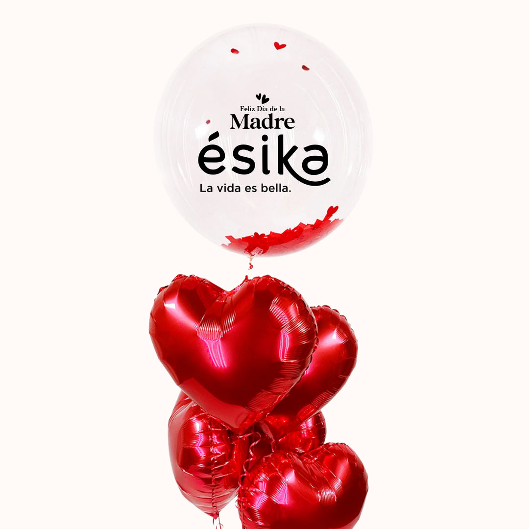 Bouquet de globos con helio puro certificado para la campaña del Día de la Madre, que incluye 1 globo burbuja con papel seda personalizado con logo  y 5 globos corazón, ideal para eventos corporativos y promoción de marca, priorizando siempre la seguridad.