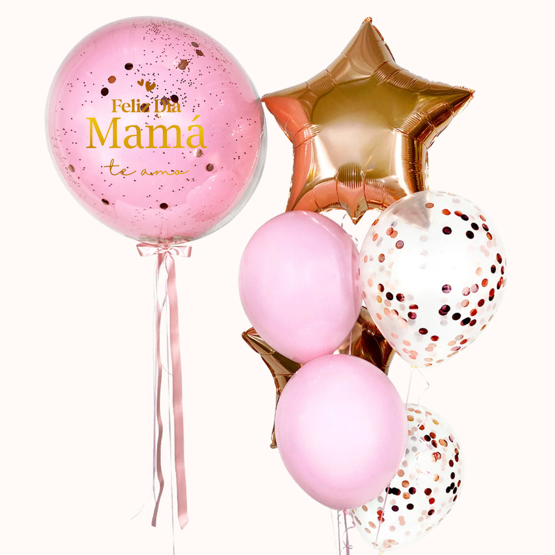 Arreglo para el Día de la Madre con globo burbuja con confetti y globo interno personalizado “mamá”, 2 globos de látex, 2 globos estrella y 2 globos de látex transparentes con confetti. Ideal para regalar en esta fecha especial.