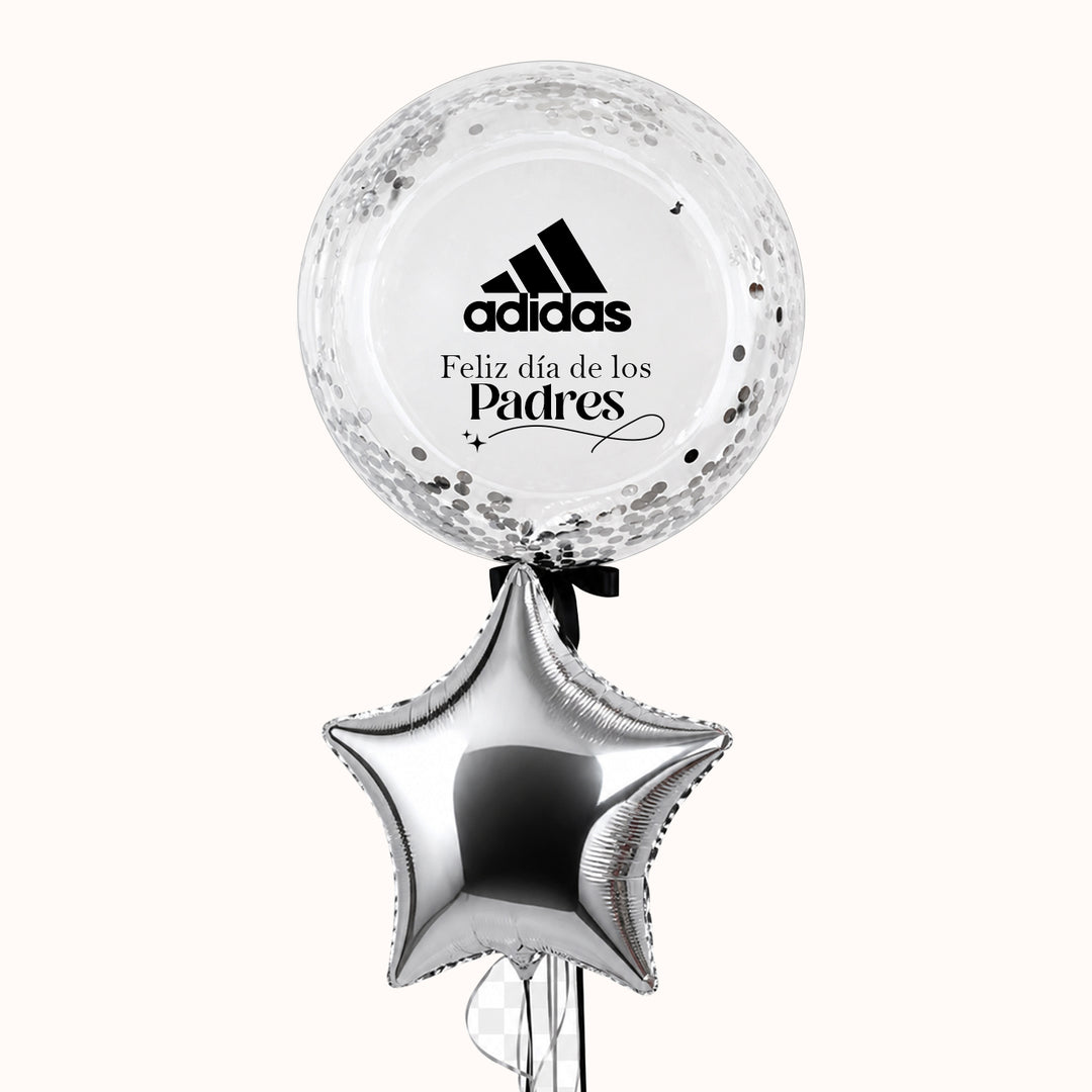 Bouquet de globos para celebrar el día del padre: incluye 1 globo burbuja transparente personalizado con logo, 1 globo metálico en forma de estrella, ideal para activaciones de marca, obsequios empresariales y eventos corporativos.