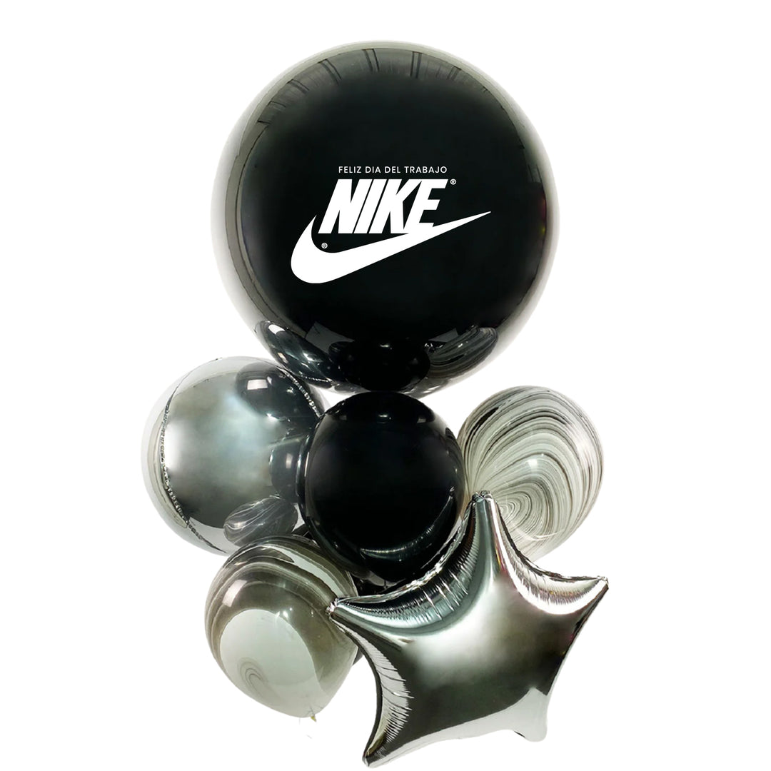 Arreglo corporativo con globo burbuja con globo interno personalizado con logo, globos látex en colores sólidos y ágata, globo estrella y esfera, incluye 1 pesa. Ideal para decoración en campañas del Día del Trabajo, destacando tu marca con estilo y presencia profesional.