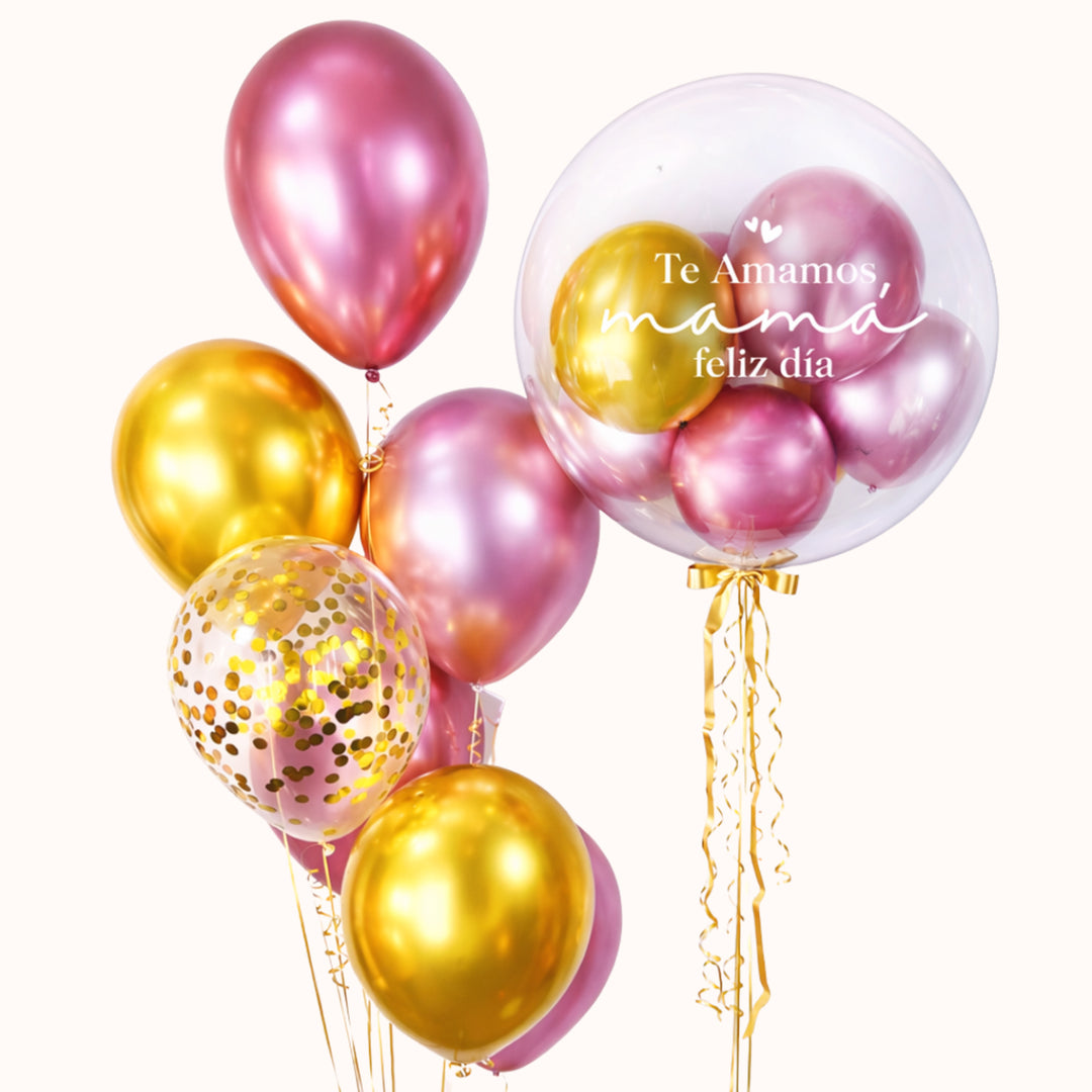 Bouquet para el Día de la Madre con 1 globo burbuja con globitos dentro personalizado, 6 globos de látex en color, 1 globo de látex transparente con confetti y 2 pesas. Ideal para sorprender a mamá en su día.