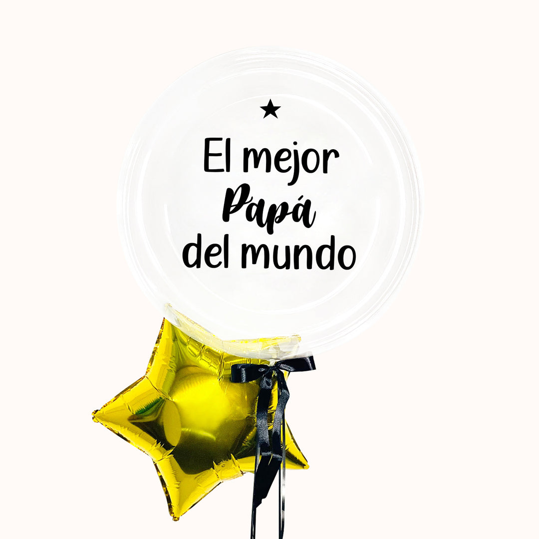 Bouquet de 2 globos con helio: 1 globo burbuja transparente personalizado y 1 globo estrella metálica dorada. Colores a elegir. Ideal para regalar el día del padre.