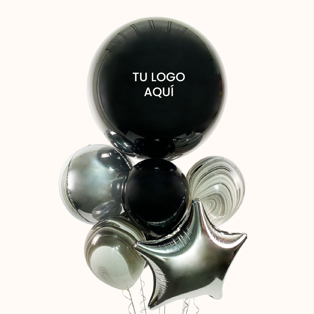 Bouquet de 6 globos: 1 globo burbuja con globo interno, 1 esfera, 3 globos de látex y 1 globo metálico en forma de estrella. Inflados con helio 100 % puro y con total seguridad garantizada. Globos corporativos personalizados para difundir tu marca.