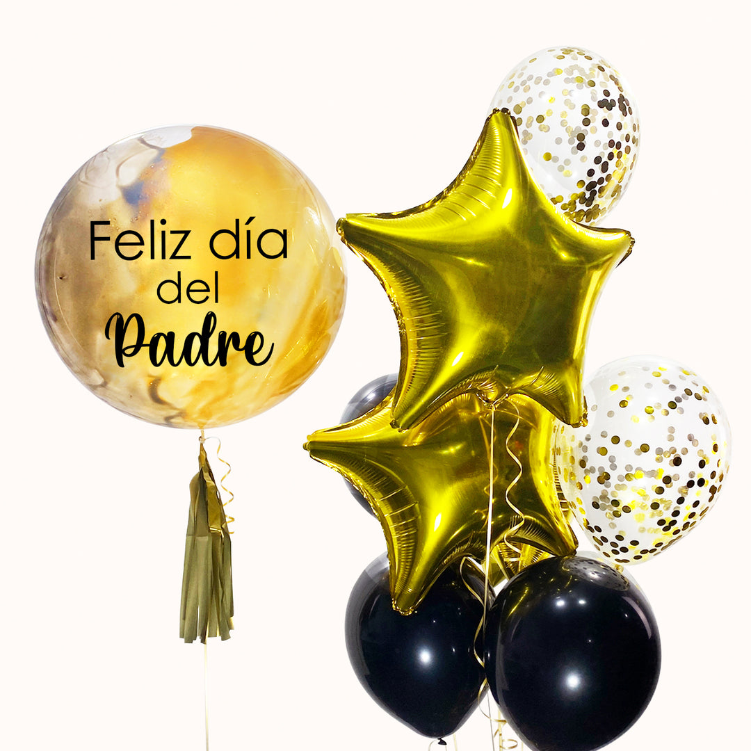 Arreglo corporativo con globo burbuja pintado personalizado con logo, 4 globos de látex, 2 globos estrella con logo y 2 globos de látex con confetti, incluye 2 pesas. Elaborado con helio 100% puro para mayor duración, ideal para campañas del Día del Padre, eventos empresariales.