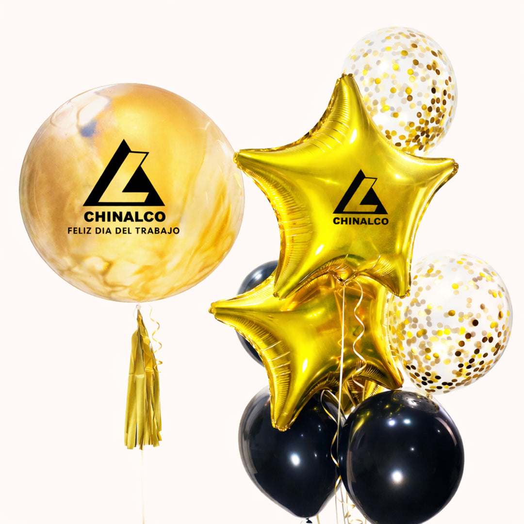 Arreglo corporativo con globo burbuja pintado personalizado con logo, 4 globos de látex, 2 globos estrella con logo y 2 globos de látex con confeti, incluye 2 pesas. Elaborado con helio 100% puro para mayor duración, ideal para campañas del Día del Trabajo, eventos empresariales.