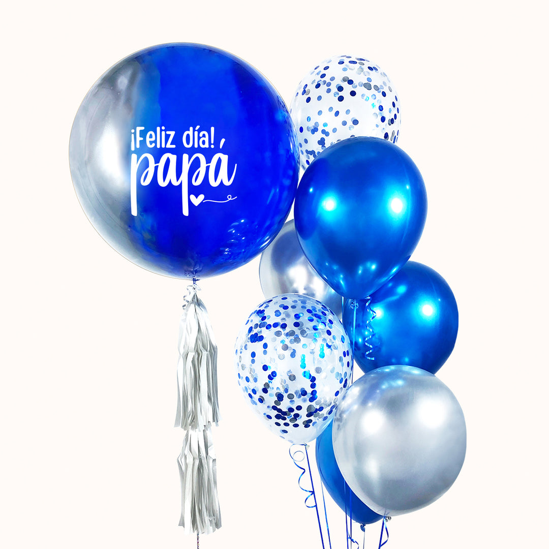 Día del Padre. Arreglo especial que incluye 1 globo burbuja pintado personalizado (62 cms aprox.), 5 globos de látex en color sólido y 2 globos de látex confetti transparentes; una excelente opción para sorprender y celebrar a papá en su día especial.