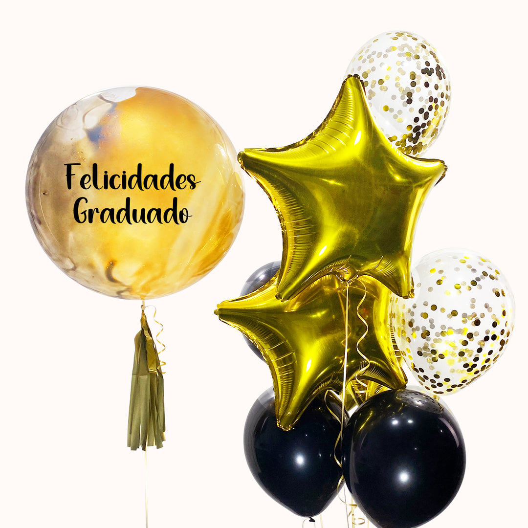 Arreglo de 8 globos con:  burbuja, globos de látex de colores, estrellas y confeti, inflados con helio para grados y celebraciones.